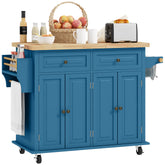 Kitchen Island on Wheels, Rolling Cart with Rubberwood Top, Spice Rack, Towel Rack and Drawers, Turquoise
