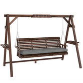 3 Seat Wooden Porch Swing with Stand, Patio Swing with Cushion, for Garden, Poolside, Backyard, Carbonized Brown