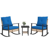 3 Pieces Bistro Set, Patio Wicker Furniture Set with Button Tufted Cushions, Rattan Rocking Chairs, Coffee Table, Blue
