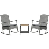 3 Piece Outdoor PE Rattan Rocking Chair Set, Patio Wicker Recliner Rocker Chair with Soft Cushion & Nature Wood Top Coffee Table, Grey