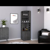 Asteroid bar cabinet 71" H , with two shelves at the top, 1 glass holder, 8 exterior bottle racks, 1 central shelf and a lower drawer with 2 side doors, Smoke oak