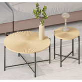 Nebula Pattern 2-Piece Coffee and End Table Set – Waterproof MDF with PVC Cover, Distressed Cylindrical Design, Black Metal Legs – Classic Rustic Charm, Technical Wood