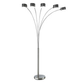 5 Arm Arched Floor Lamp, 84 Inch Chrome Metal Sleek Stem, Round Base