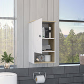 Display Single Door Cabinet 28" H, One Shelf, Two Interior Shelves, Light Oak / White