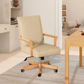 Rhea Modern Farmhouse High Back Executive Home Office Chair, Neutral Cream Beige Leather & Natural Wood