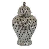 Aurora 18 Inch Temple Jar, Pierced, Carved Lattice Design, Lid, Silver