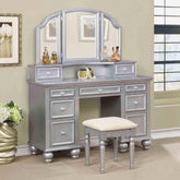 Transitional Style 1pc Vanity w/ Stool Set Knob Handles Storage Drawers 3-Sidded Mirror Silver Finish Bedroom Furniture