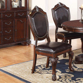 Paradise Majestic Formal Set of 2 Side Chairs Brown Color Rubberwood Dining Room Furniture Intricate Design Faux Leather Upholstered Seat