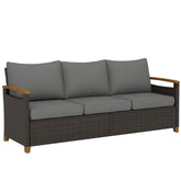 3 Seater Outdoor Couch Sofa, PE Wicker Patio Sofa, Wide Deep Seat, 4" Cushions, Wood-Effect Armrests Legs, Gray