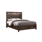 Modern Style Full Bed Made with Wood & LED Headboard with bookshelf in Walnut