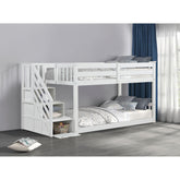 Transitional Style Twin Over Twin Low Bunk Bed Reversible Storage Drawers Staircase White Finish Mattress Ready Bedroom Furniture