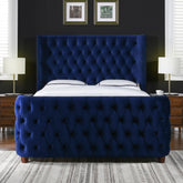 Apocalypse King Tufted Panel Bed Headboard and Footboard Set, Navy Blue Velvet