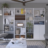 Nebula 4 Piece Home Bookcase set, 91" Wide with 17 Shelves And a Double-Door Cabinet , Living Room Set Whitee