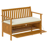 Outdoor Bench with Storage Compartment, Acacia Wood Patio Bench with Cushion, 2 Seater Garden Bench, Teak