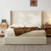 Shangri-La Upholstered Wingback Bed / Upholstered Platform Bed Frame / 52.3" High Headboard / Simplicity / Minimalist / No Box Spring Needed / Easy Assembly / King/ Ivory Boucle / No Noise