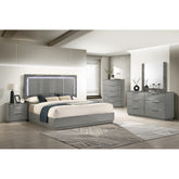 Sonata Queen 5-Piece Set – Two-Tone High-Gloss Marble & Lacquer Finish with LED Lighting, Metal-Finished Legs, Spacious Storage- Gray