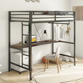 Poseidon Sturdy Twin Loft Bed Black with Cinnamon Wood Desk and Closet Rod for Adult and Kids, Loft Bed with Easy Climbing Ladder and Guardrails, Loft Bed Frame for Bedroom, Space Saving