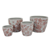Epic Accent Planter Pot Set of 4, Pink Floral Pattern, White Ceramic