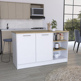 Archive Kitchen Island, Three Open Shelves, Two Cabinets White - Natural Oak