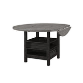 1pc Farmhouse Contemporary Counter Height Table with Storage Single Pedestal Round Black Gray Natural Grain Integrated Turntable Drop Leaves and Built-in Shelving