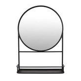 Diary Decorative Wall Mirror, 28 Inch Round Black Metal Frame w Rack