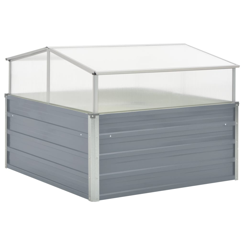 Gray galvanized steel greenhouse with clear roof panels, 39.4x39.4x33.5 inches.