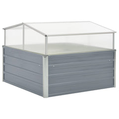 Gray galvanized steel greenhouse with clear roof panels, 39.4x39.4x33.5 inches.