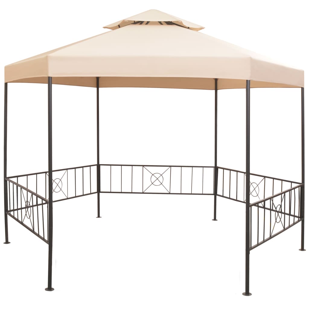 Beige octagonal garden gazebo with peaked roof, metal frame, and railings, measuring 127x104 inches.