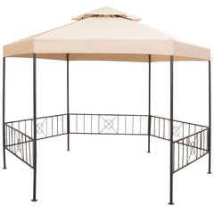 Beige octagonal garden gazebo with peaked roof, metal frame, and railings, measuring 127x104 inches.