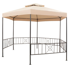 Beige octagonal garden gazebo with metal frame and railings, 127x104 inches.
