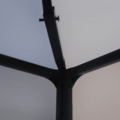 White steel-frame outdoor gazebo with polyester canopy, viewed from below.