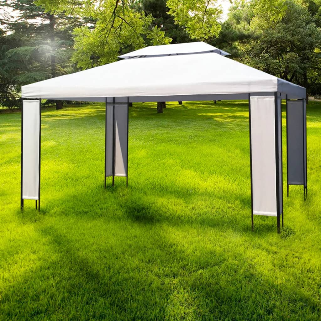 White polyester steel gazebo with double roof, 118x157 inches, on green lawn.