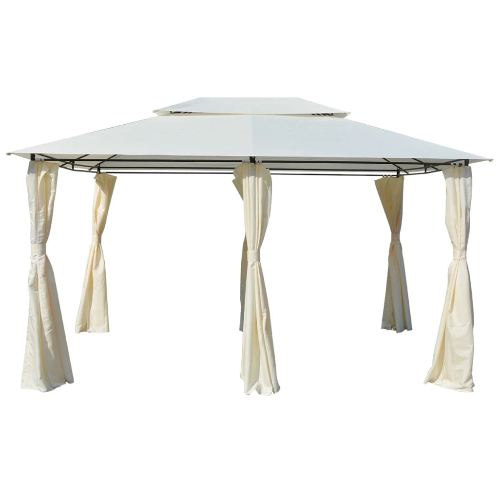 White garden marquee gazebo with curtains, measuring 157.5x118.1 inches.