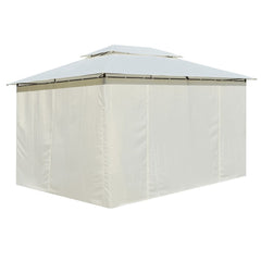 White garden marquee gazebo with curtains, measuring 157.5x118.1 inches.