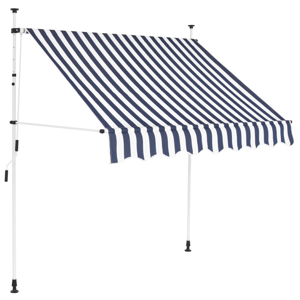 Blue and white striped manual retractable awning with adjustable steel frame and crank handle