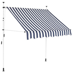 Blue and white striped manual retractable awning with adjustable steel frame and crank handle