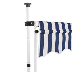 Bostome manual retractable awning with 78.7-inch blue and white striped canopy on white pole.