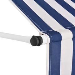 Blue and white striped manual retractable awning, 78.7 inches wide, extended on white frame.