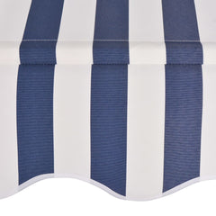 Blue and white striped manual retractable awning with steel frame and adjustable height.