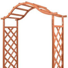 Wooden rose arch trellis with integrated planters, measuring 70.9 by 15.7 by 80.7 inches.