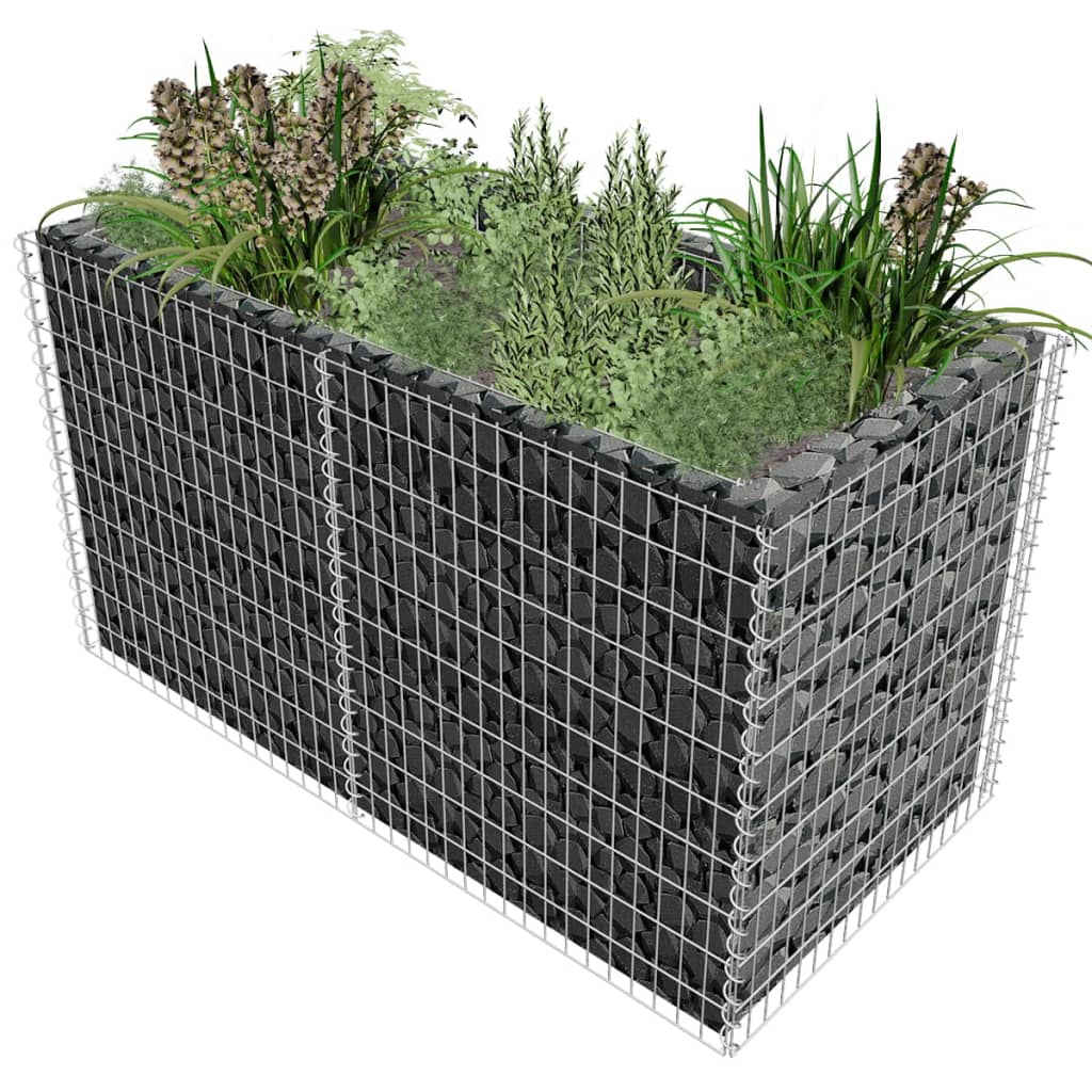 Silver galvanized steel gabion raised garden bed with plants, 70.9x35.4x39.4 inches.