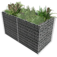 Silver galvanized steel gabion raised garden bed with plants, 70.9x35.4x39.4 inches.