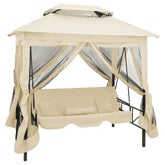 Cream white convertible gazebo swing bench with canopy and plush cushions for outdoor comfort.