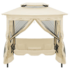 Cream white convertible gazebo swing bench with canopy and plush cushions for comfort.