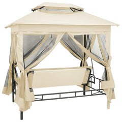Cream white convertible gazebo swing bench with canopy and plush cushions for comfort.
