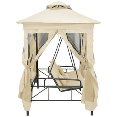 Cream white convertible gazebo swing bench with canopy and plush cushions for comfort.