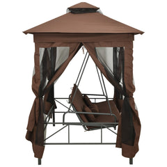 Bostome convertible gazebo swing bench with coffee polyester and steel frame in a garden setting.