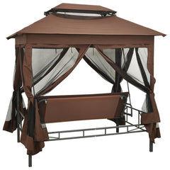Bostome convertible gazebo swing bench with coffee polyester and steel frame, featuring a canopy.
