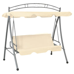 Sand white outdoor convertible swing bench with canopy and cushions.