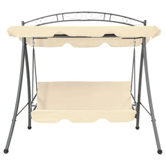 Outdoor convertible swing bench in sand white with canopy and metal frame.